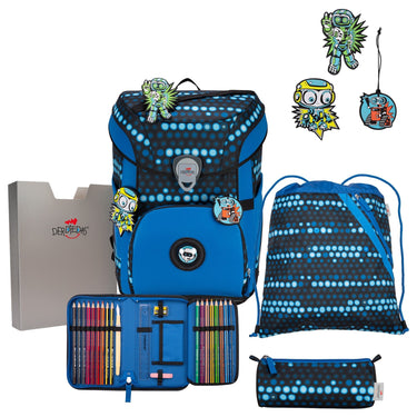 DerDieDas ErgoFlex Easy Exklusiv Superflash - Schulranzen Set 5 tlg. 950g (Blue Robot) - Markenkoffer