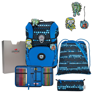 DerDieDas ErgoFlex Tiny Exklusiv Superflash - Schulranzen Set 5 tlg. 900g (Blue Robot) - Markenkoffer