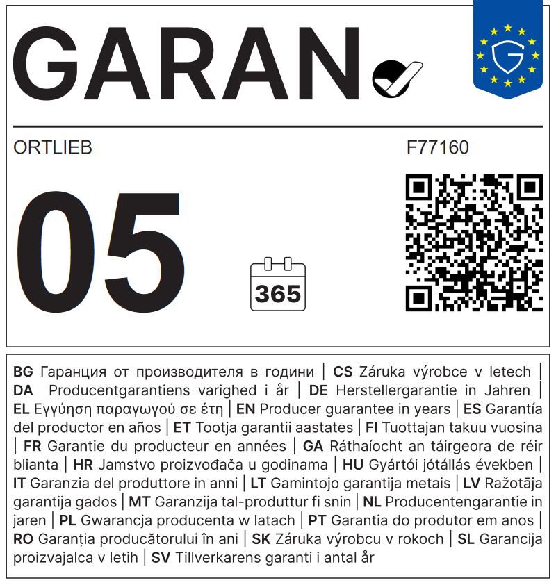 EU GARAN-label: producentengarantie in jaren: 5.0 – Ortlieb